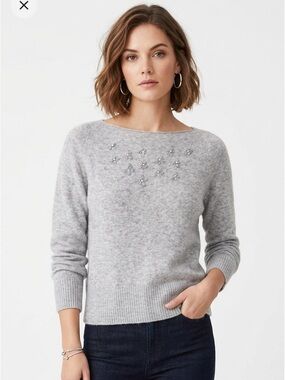 Vince Cashmere Wool Blend Embroidered Floral Boat Neck Sweater Size XS Grey